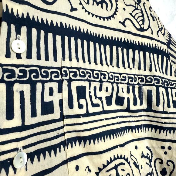 Vintage J Peterman Co XL Handmade Batik Shirt Aztec Reverse Print Summer Resort - Picture 2 of 9